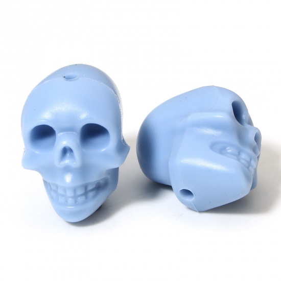 Picture of 5 PCs Silicone Halloween Beads For DIY Charm Jewelry Making Skeleton Skull Blue 3D About 21mm x 16.5mm, Hole: Approx 2.2mm