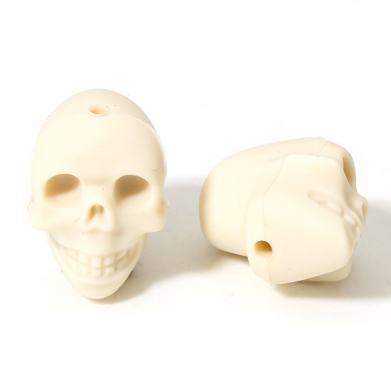 Picture of 5 PCs Silicone Halloween Beads For DIY Charm Jewelry Making Skeleton Skull Creamy-White 3D About 21mm x 16.5mm, Hole: Approx 2.2mm