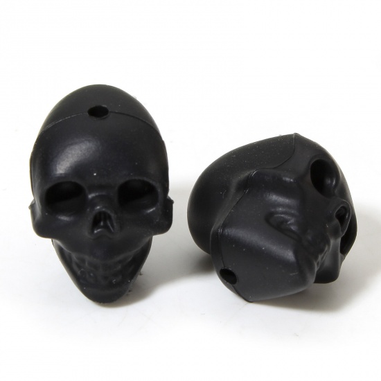 Picture of 5 PCs Silicone Halloween Beads For DIY Charm Jewelry Making Skeleton Skull Black 3D About 21mm x 16.5mm, Hole: Approx 2.2mm