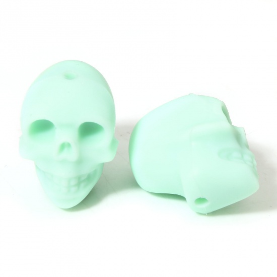 Picture of 5 PCs Silicone Halloween Beads For DIY Charm Jewelry Making Skeleton Skull Mint Green 3D About 21mm x 16.5mm, Hole: Approx 2.2mm