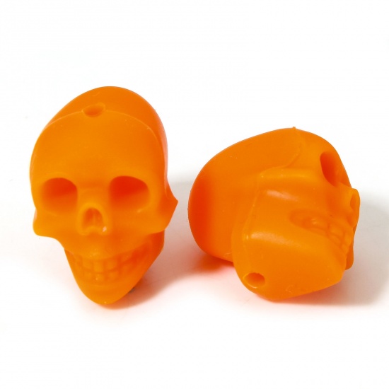 Picture of 5 PCs Silicone Halloween Beads For DIY Charm Jewelry Making Skeleton Skull Orange 3D About 21mm x 16.5mm, Hole: Approx 2.2mm