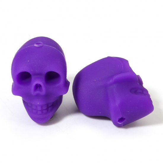Picture of 5 PCs Silicone Halloween Beads For DIY Charm Jewelry Making Skeleton Skull Purple 3D About 21mm x 16.5mm, Hole: Approx 2.2mm