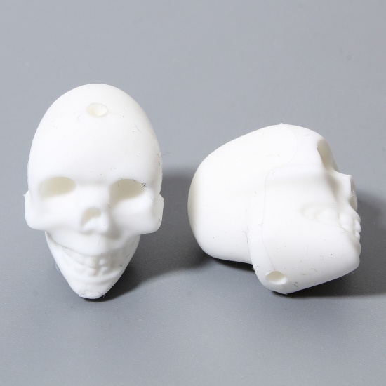 Picture of 5 PCs Silicone Halloween Beads For DIY Charm Jewelry Making Skeleton Skull White 3D About 21mm x 16.5mm, Hole: Approx 2.2mm