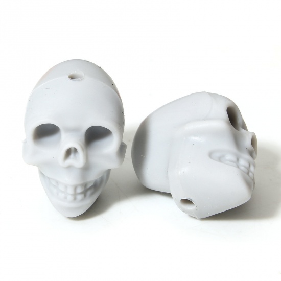 Picture of 5 PCs Silicone Halloween Beads For DIY Charm Jewelry Making Skeleton Skull Gray 3D About 21mm x 16.5mm, Hole: Approx 2.2mm