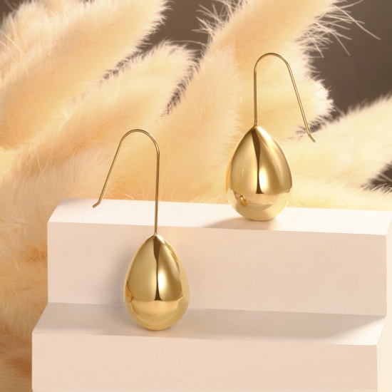 Picture of 1 Pair Eco-friendly Stylish Exquisite Real Gold Plated 304 Stainless Steel Drop Smooth Blank Earrings For Women Gift 39mm x 15.5mm