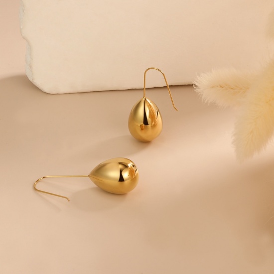 Picture of 1 Pair Eco-friendly Stylish Exquisite Real Gold Plated 304 Stainless Steel Drop Smooth Blank Earrings For Women Gift 39mm x 15.5mm