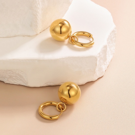 Picture of 1 Pair Eco-friendly Stylish Exquisite Real Gold Plated 304 Stainless Steel Ball Smooth Blank Earrings For Women Gift 35.5mm x 16mm