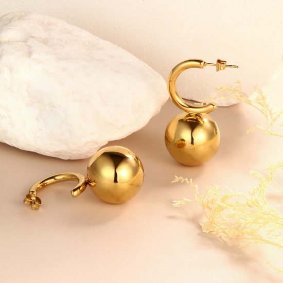 Picture of 1 Pair Eco-friendly Stylish Exquisite Real Gold Plated 304 Stainless Steel Ball Smooth Blank Earrings For Women Gift 37mm x 18mm