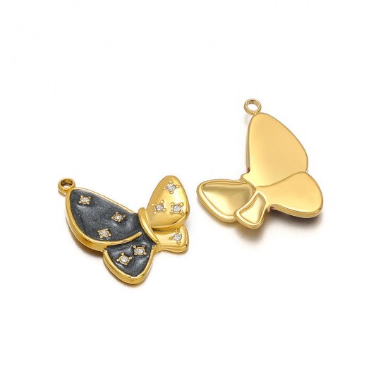 Picture of 1 Piece 304 Stainless Steel Charms 18K Gold Color Black Butterfly Animal Enamel Clear Rhinestone 20mm x 24mm
