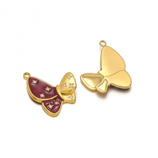 Picture of 1 Piece 304 Stainless Steel Charms 18K Gold Color Dark Red Butterfly Animal Enamel Clear Rhinestone 20mm x 24mm