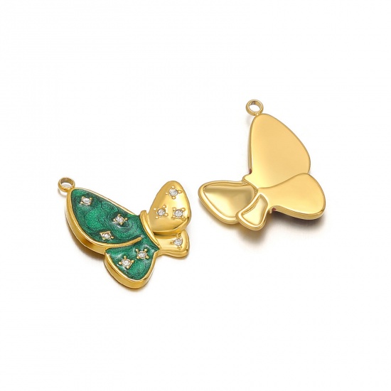 Picture of 1 Piece 304 Stainless Steel Charms 18K Gold Color Green Butterfly Animal Enamel Clear Rhinestone 20mm x 24mm