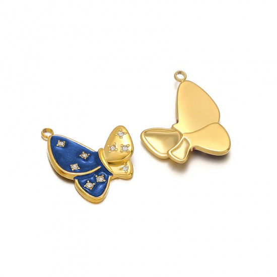 Picture of 1 Piece 304 Stainless Steel Charms 18K Gold Color Blue Butterfly Animal Enamel Clear Rhinestone 20mm x 24mm