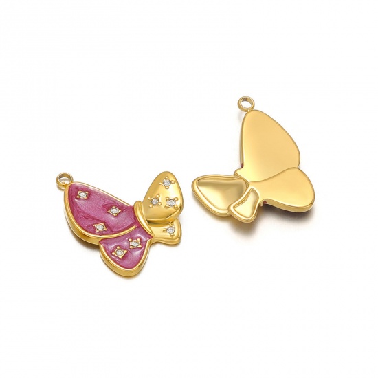 Picture of 1 Piece 304 Stainless Steel Charms 18K Gold Color Fuchsia Butterfly Animal Enamel Clear Rhinestone 20mm x 24mm