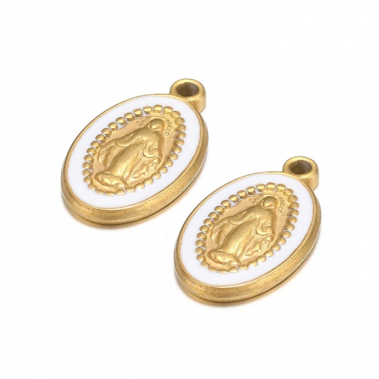 Picture of 1 Piece 304 Stainless Steel Charms Gold Plated White Oval Jesus Enamel 10mm x 18mm