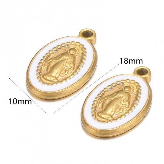 Picture of 1 Piece 304 Stainless Steel Charms Gold Plated White Oval Jesus Enamel 10mm x 18mm