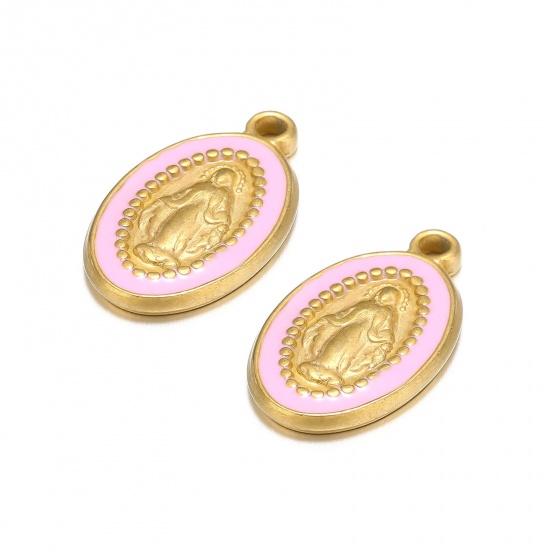 Picture of 1 Piece 304 Stainless Steel Charms Gold Plated Pink Oval Jesus Enamel 10mm x 18mm