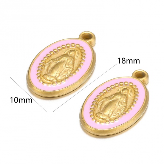 Picture of 1 Piece 304 Stainless Steel Charms Gold Plated Pink Oval Jesus Enamel 10mm x 18mm