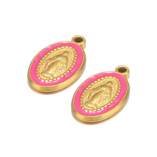 Picture of 1 Piece 304 Stainless Steel Charms Gold Plated Fuchsia Oval Jesus Enamel 10mm x 18mm