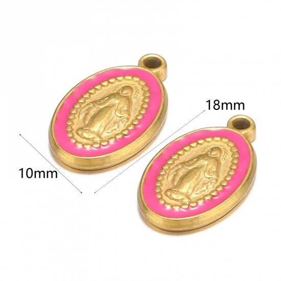 Picture of 1 Piece 304 Stainless Steel Charms Gold Plated Fuchsia Oval Jesus Enamel 10mm x 18mm