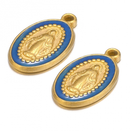 Picture of 1 Piece 304 Stainless Steel Charms Gold Plated Dark Blue Oval Jesus Enamel 10mm x 18mm