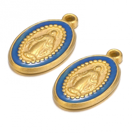 Immagine di 1 Pz 304 Acciaio Inossidabile Charms Ovale Oro Placcato Blu Scuro Gesù Smalto 10mm x 18mm