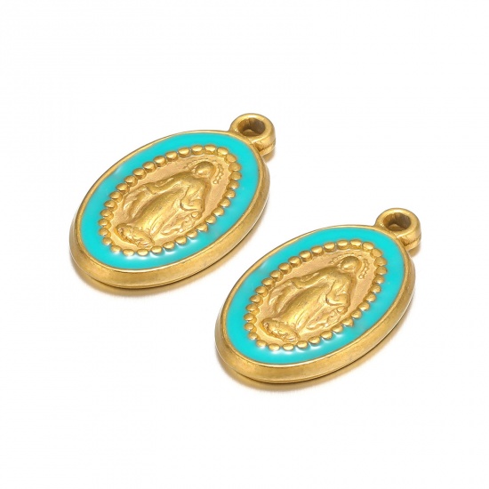 Picture of 1 Piece 304 Stainless Steel Charms Gold Plated Blue Oval Jesus Enamel 10mm x 18mm