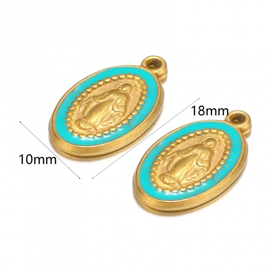 Picture of 1 Piece 304 Stainless Steel Charms Gold Plated Blue Oval Jesus Enamel 10mm x 18mm