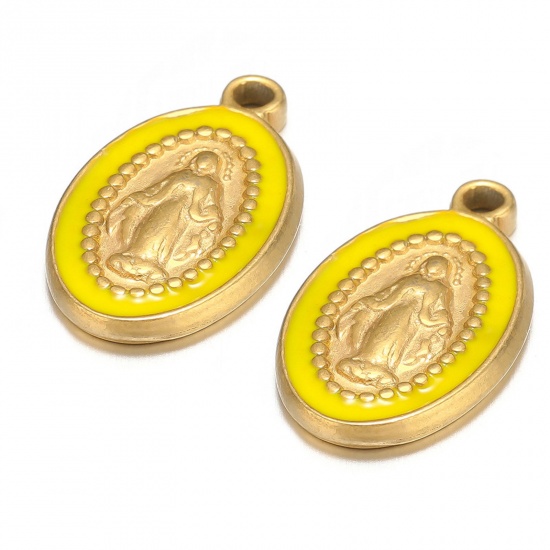 Picture of 1 Piece 304 Stainless Steel Charms Gold Plated Lemon Yellow Oval Jesus Enamel 10mm x 18mm