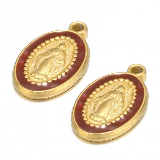 Picture of 1 Piece 304 Stainless Steel Charms Gold Plated Dark Brown Oval Jesus Enamel 10mm x 18mm
