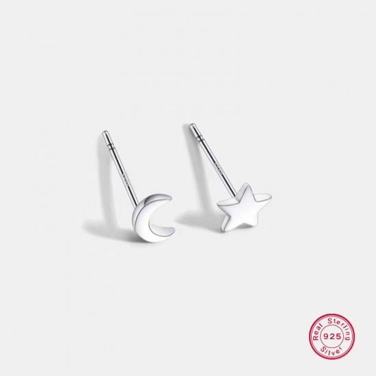 Picture of 1 Pair Sterling Silver Ear Post Stud Earrings Silver Color Star Moon 4.5mm x 11mm, Post/ Wire Size: (21 gauge)