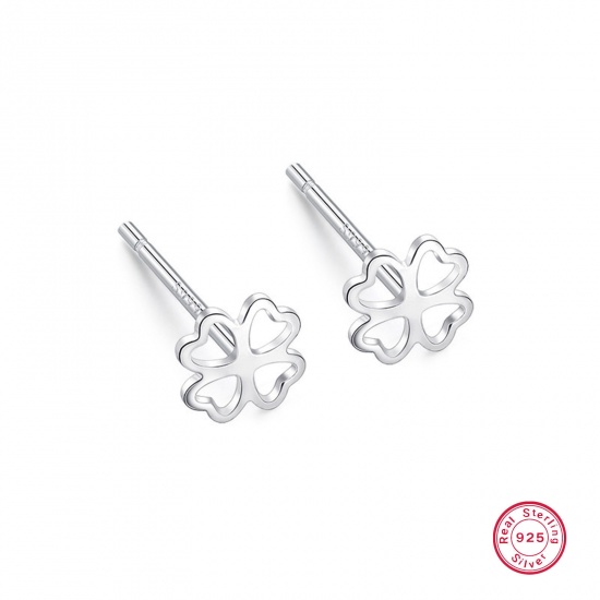 Picture of 1 Pair Sterling Silver Ear Post Stud Earrings Silver Color Leaf Clover 5mm x 11mm, Post/ Wire Size: (21 gauge)