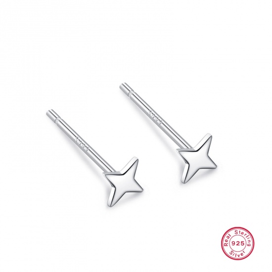 Picture of 1 Pair Sterling Silver Ear Post Stud Earrings Silver Color Star 5mm x 11mm, Post/ Wire Size: (21 gauge)