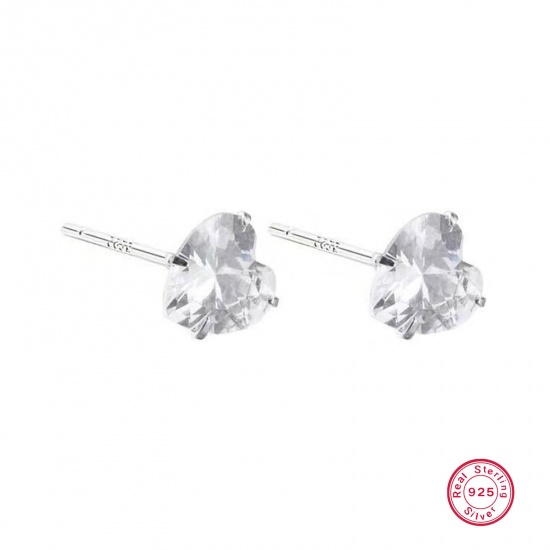 Picture of 1 Pair Sterling Silver Ear Post Stud Earrings Silver Color Heart Clear Cubic Zirconia 4mm x 11mm, Post/ Wire Size: (21 gauge)