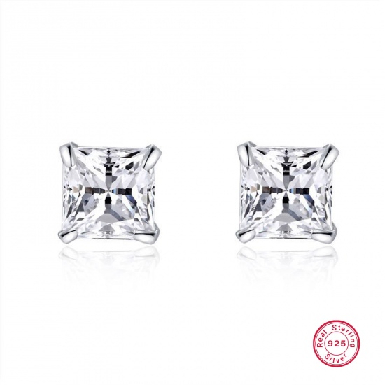 Picture of 1 Pair Sterling Silver Ear Post Stud Earrings Silver Color Square Clear Cubic Zirconia 4mm x 11mm, Post/ Wire Size: (21 gauge)