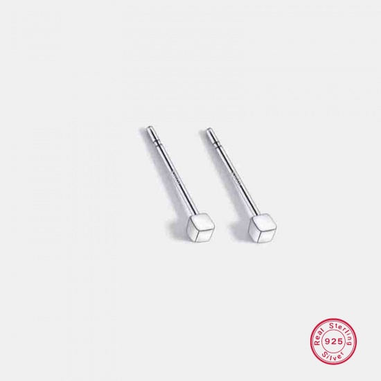 Picture of 1 Pair Sterling Silver Ear Post Stud Earrings Silver Color Square 2mm x 11mm, Post/ Wire Size: (21 gauge)