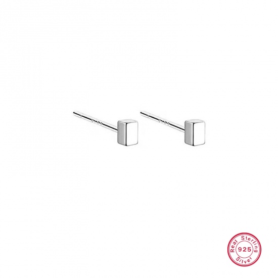 Picture of 1 Pair Sterling Silver Ear Post Stud Earrings Silver Color Rectangle 6mm x 11mm, Post/ Wire Size: (21 gauge)