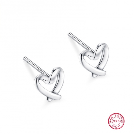 Picture of 1 Pair Sterling Silver Ear Post Stud Earrings Silver Color Heart 5mm x 11mm, Post/ Wire Size: (21 gauge)