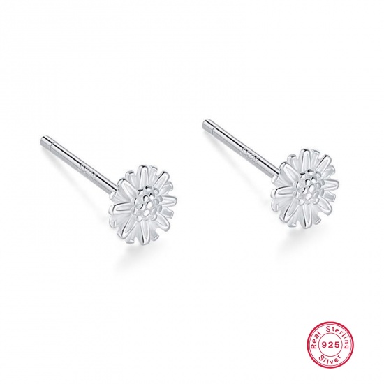 Picture of 1 Pair Sterling Silver Ear Post Stud Earrings Silver Color Daisy Flower 5mm x 11mm, Post/ Wire Size: (21 gauge)