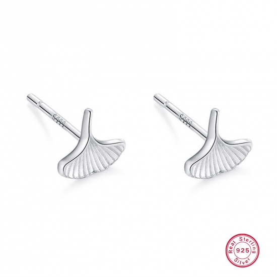 Picture of 1 Pair Sterling Silver Ear Post Stud Earrings Silver Color Gingko Leaf 5mm x 11mm, Post/ Wire Size: (21 gauge)