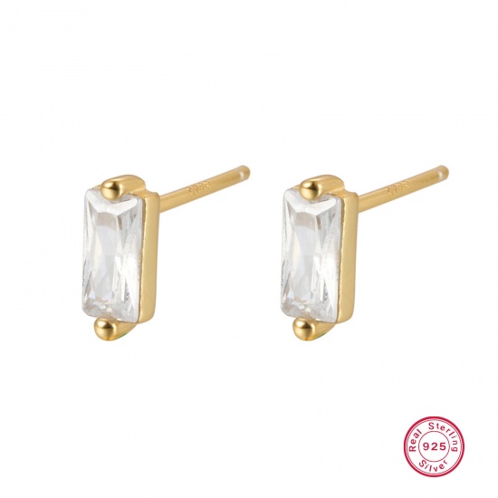Picture of 1 Pair Sterling Silver Ear Post Stud Earrings 18K Gold Color Rectangle Clear Rhinestone With Stoppers 3mm x 7.8mm