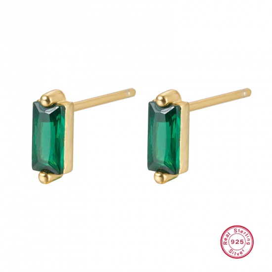 Picture of 1 Pair Sterling Silver Ear Post Stud Earrings 18K Gold Color Rectangle Green Rhinestone With Stoppers 3mm x 7.8mm