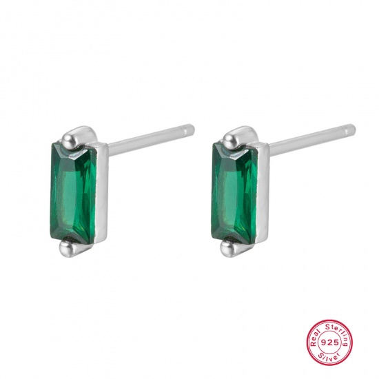 Picture of 1 Pair Sterling Silver Ear Post Stud Earrings Platinum Plated Rectangle Green Rhinestone With Stoppers 3mm x 7.8mm