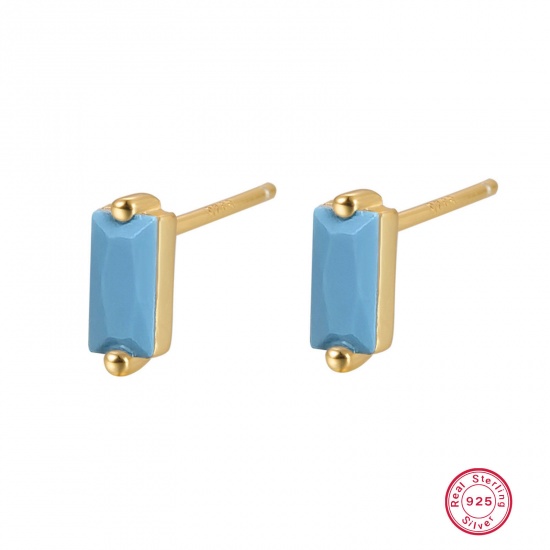 Picture of 1 Pair Sterling Silver Ear Post Stud Earrings 18K Gold Color Rectangle With Stoppers 3mm x 7.8mm