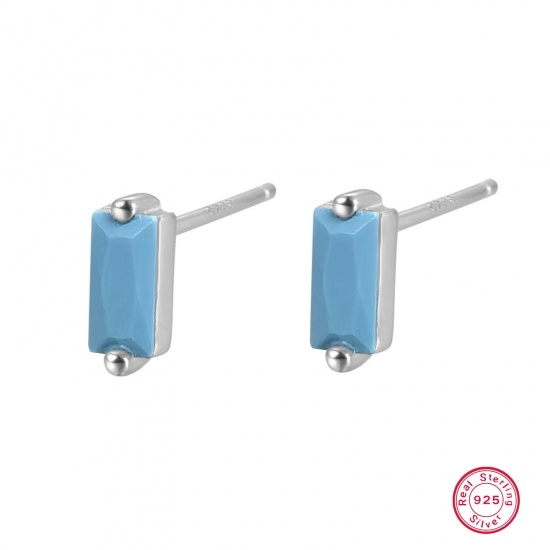 Picture of 1 Pair Sterling Silver Ear Post Stud Earrings Platinum Plated Rectangle With Stoppers 3mm x 7.8mm