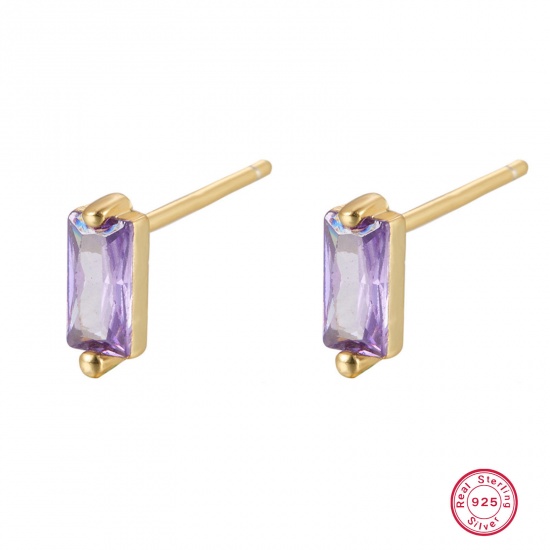 Picture of 1 Pair Sterling Silver Ear Post Stud Earrings 18K Gold Color Rectangle Purple Rhinestone With Stoppers 3mm x 7.8mm
