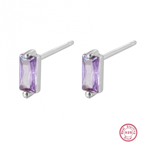 Picture of 1 Pair Sterling Silver Ear Post Stud Earrings Platinum Plated Rectangle Purple Rhinestone With Stoppers 3mm x 7.8mm