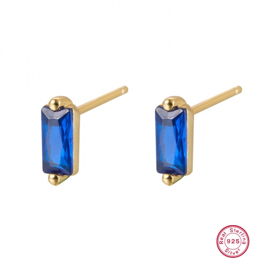 Picture of 1 Pair Sterling Silver Ear Post Stud Earrings 18K Gold Color Rectangle Blue Rhinestone With Stoppers 3mm x 7.8mm