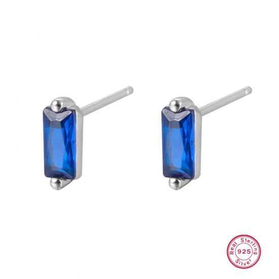 Picture of 1 Pair Sterling Silver Ear Post Stud Earrings Platinum Plated Rectangle Blue Rhinestone With Stoppers 3mm x 7.8mm