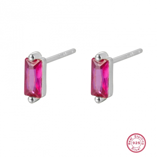 Picture of 1 Pair Sterling Silver Ear Post Stud Earrings Platinum Plated Rectangle Red Rhinestone With Stoppers 3mm x 7.8mm