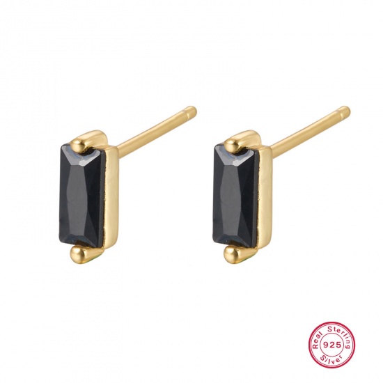 Picture of 1 Pair Sterling Silver Ear Post Stud Earrings 18K Gold Color Rectangle Black Rhinestone With Stoppers 3mm x 7.8mm